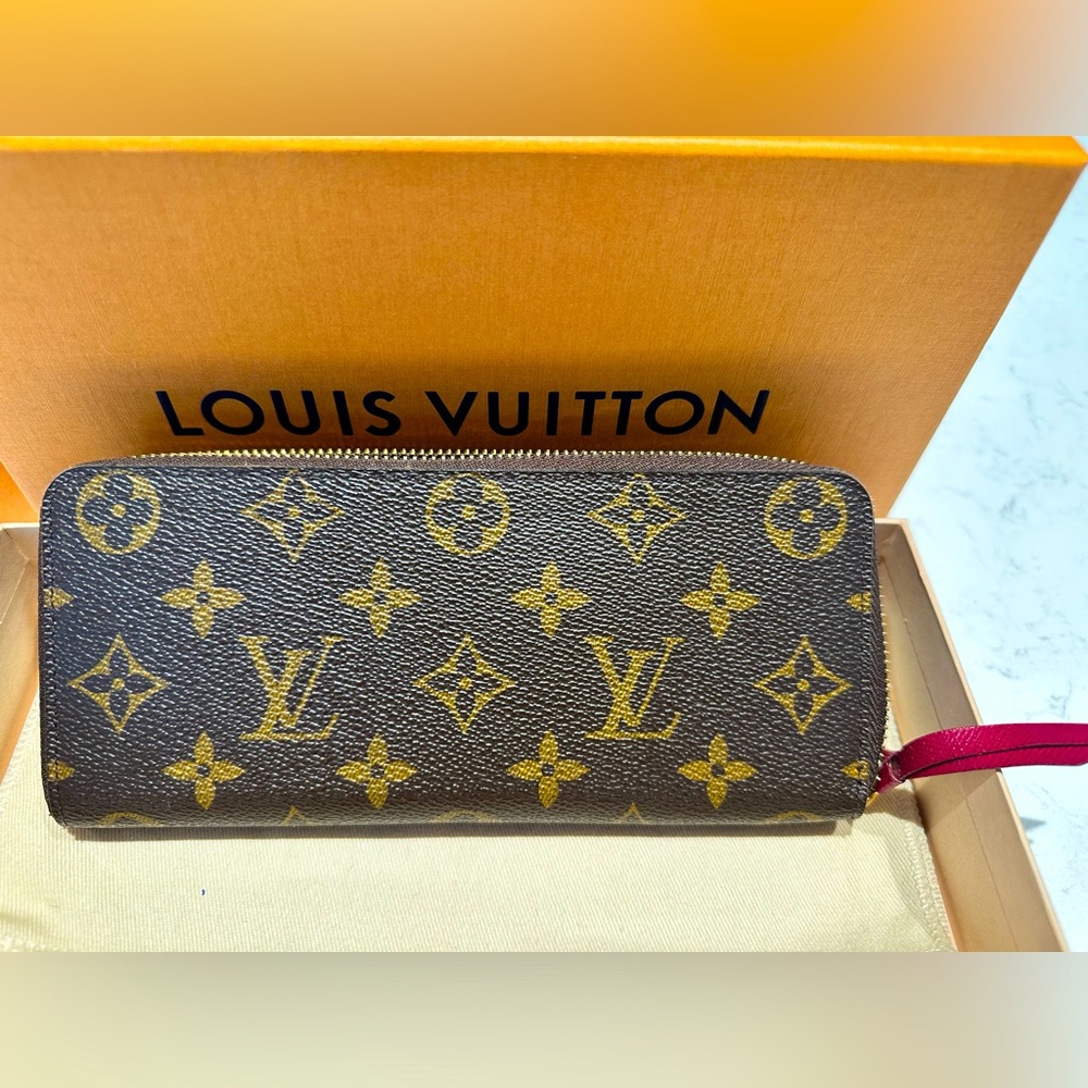 Louis Vuitton Clemence zip long wallet, Monogram w/Fuschia.